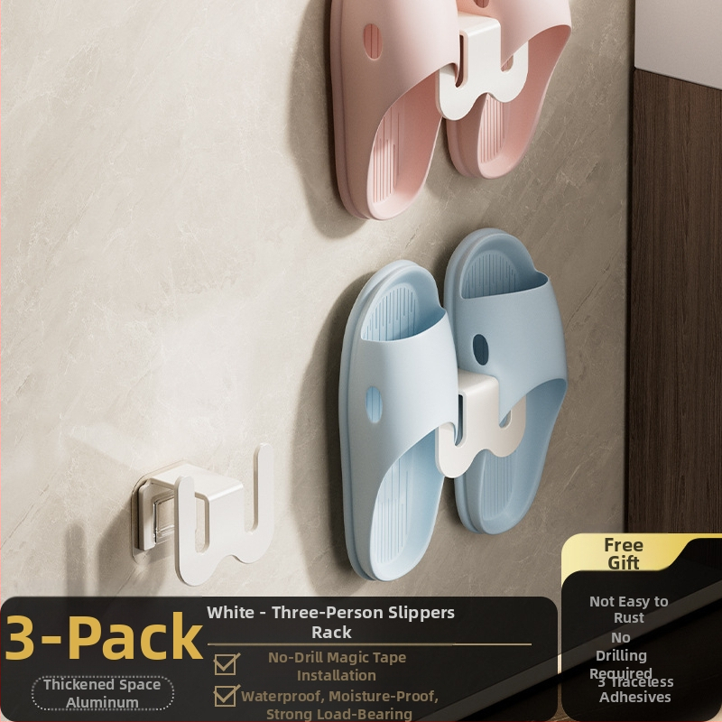 Ράφι για παντόφλες μπάνιου από ανθρακούχο ατσάλι, τοποθέτηση στον τοίχο χωρίς διάτρηση, με γάντζο αποστράγγισης, ελαφρύς πολυτελής σχεδιασμός