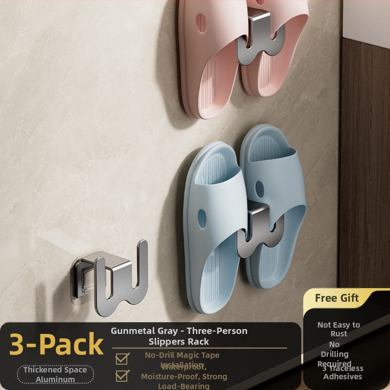 Ράφι για παντόφλες μπάνιου από ανθρακούχο ατσάλι, τοποθέτηση στον τοίχο χωρίς διάτρηση, με γάντζο αποστράγγισης, ελαφρύς πολυτελής σχεδιασμός