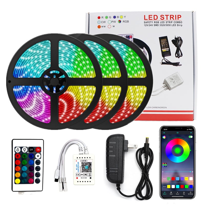 RGB LED лента 5050/2835 с Bluetooth и Wi‑Fi APP управление, музикален синхрон, 12V захранване, 14.4W, вътрешно осветление