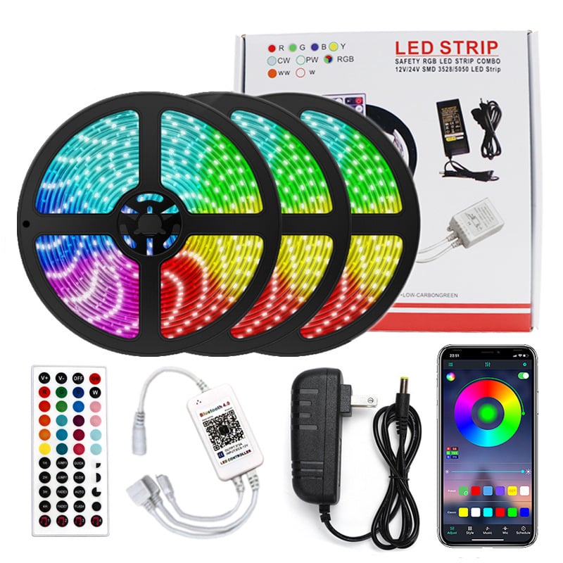 RGB LED лента 5050/2835 с Bluetooth и Wi‑Fi APP управление, музикален синхрон, 12V захранване, 14.4W, вътрешно осветление