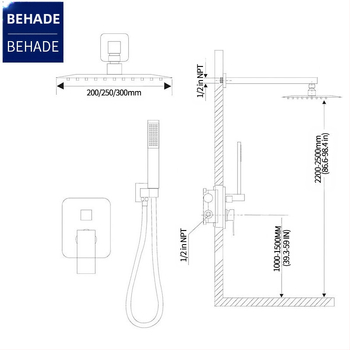 Paslėpta dušo sistema, varinis korpusas, lietaus funkcija, kvadratinė forma, modelis 079 US Gauge
