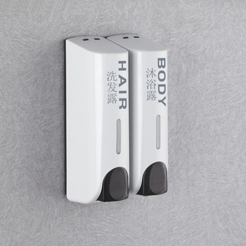 Dozatorius muilui ir vonios/šampūno dėžutė – ABS, 500 g, injekcinis formavimas, šiuolaikinis minimalistinis stilius, rankinis spaudimas