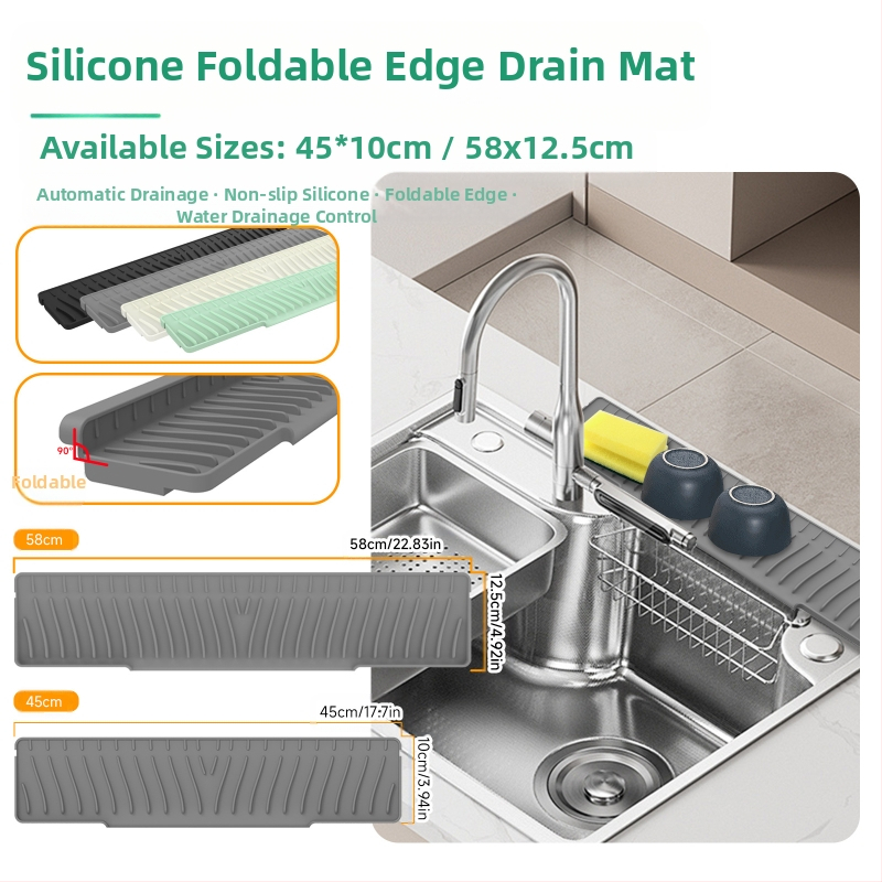 Kvadrātveida silikona drenāžas paliktnis izlietnei ar slīpo drenāžu un šļakstīšanās aizsardzību