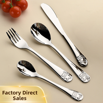 Vaikų peilio ir šakutės komplektas iš nerūdijančio plieno, karikatūrinis lokys, 410 nerūdijantis plienas, veidrodinis poliravimas, pritaikymas įmanomas