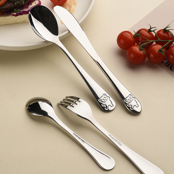 Vaikų peilio ir šakutės komplektas iš nerūdijančio plieno, karikatūrinis lokys, 410 nerūdijantis plienas, veidrodinis poliravimas, pritaikymas įmanomas