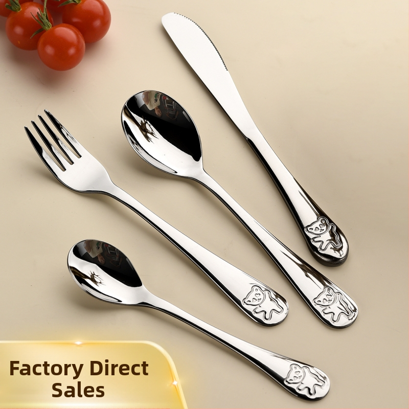 Vaikų peilio ir šakutės komplektas iš nerūdijančio plieno, karikatūrinis lokys, 410 nerūdijantis plienas, veidrodinis poliravimas, pritaikymas įmanomas