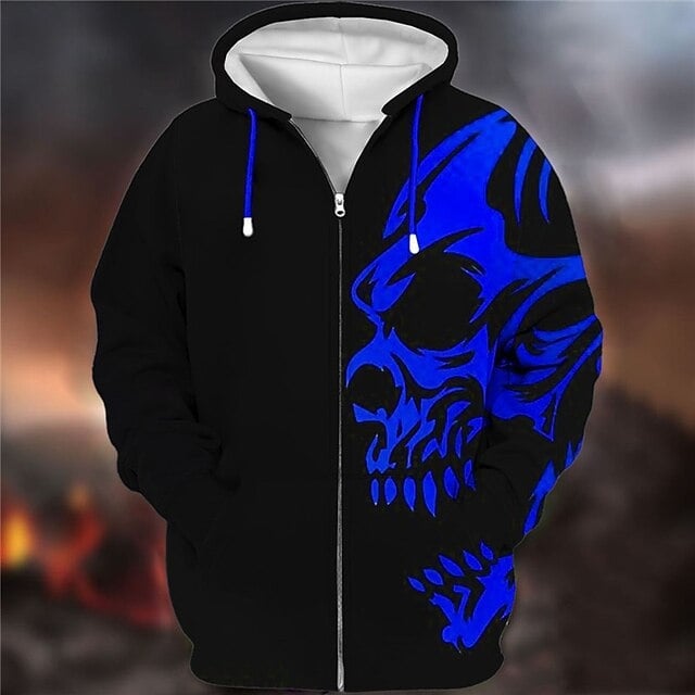 Φούτερ με κουκούλα και φερμουάρ, 3D εκτύπωση κρανίου, άνετη γραμμή, 100% πολυεστέρας