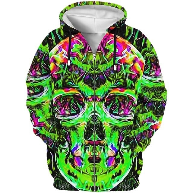 Φούτερ με κουκούλα και φερμουάρ, 3D εκτύπωση κρανίου, άνετη γραμμή, 100% πολυεστέρας