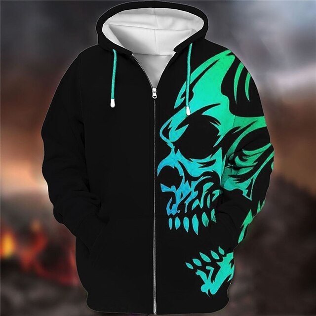 Φούτερ με κουκούλα και φερμουάρ, 3D εκτύπωση κρανίου, άνετη γραμμή, 100% πολυεστέρας