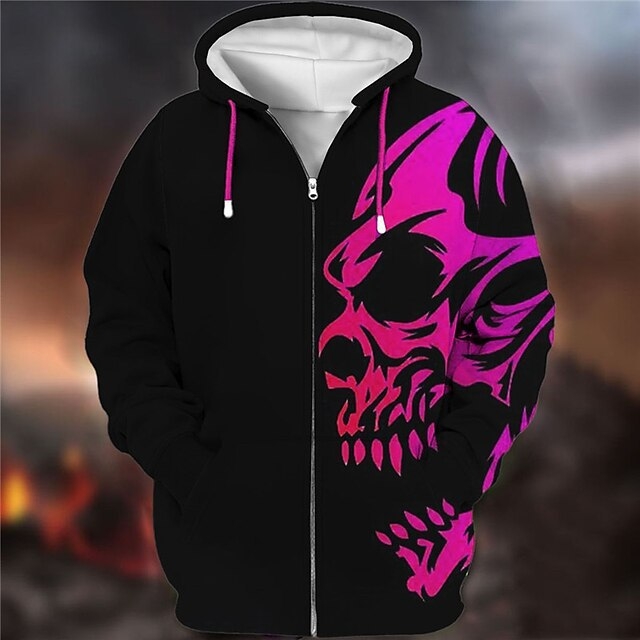 Φούτερ με κουκούλα και φερμουάρ, 3D εκτύπωση κρανίου, άνετη γραμμή, 100% πολυεστέρας