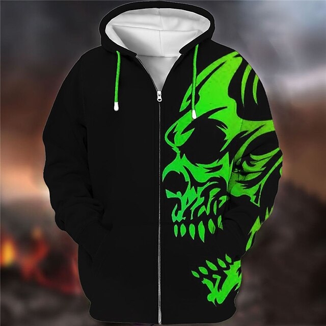 Φούτερ με κουκούλα και φερμουάρ, 3D εκτύπωση κρανίου, άνετη γραμμή, 100% πολυεστέρας