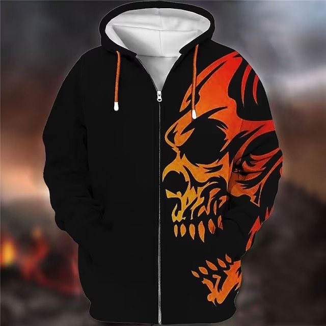 Φούτερ με κουκούλα και φερμουάρ, 3D εκτύπωση κρανίου, άνετη γραμμή, 100% πολυεστέρας