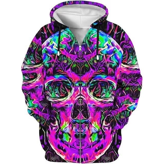 Φούτερ με κουκούλα και φερμουάρ, 3D εκτύπωση κρανίου, άνετη γραμμή, 100% πολυεστέρας