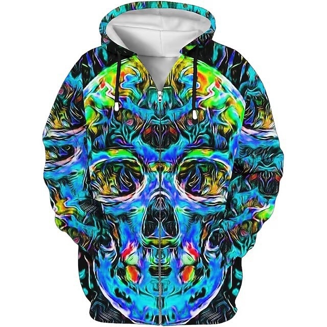 Φούτερ με κουκούλα και φερμουάρ, 3D εκτύπωση κρανίου, άνετη γραμμή, 100% πολυεστέρας