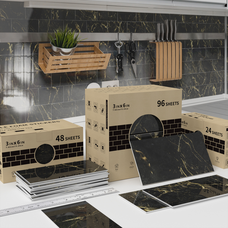 PET 3D sienos lipdukas – lipnus, atsparus vandeniui ir aliejui atsparus sienų dekorui svetainei, virtuvei ir voniai – modernus minimalistinis stilus