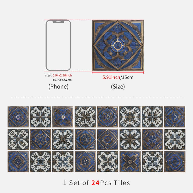 Europos gėlių plytų sienų lipdukai, 24 vnt., PVC, lipnios, atsparios vandeniui