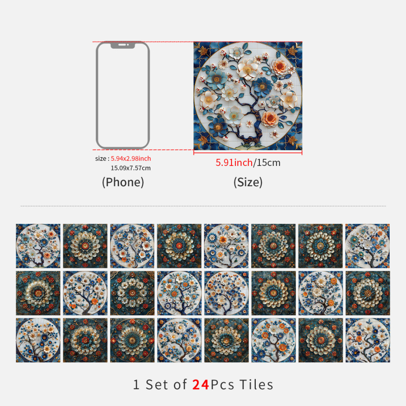 Europos gėlių plytų sienų lipdukai, 24 vnt., PVC, lipnios, atsparios vandeniui