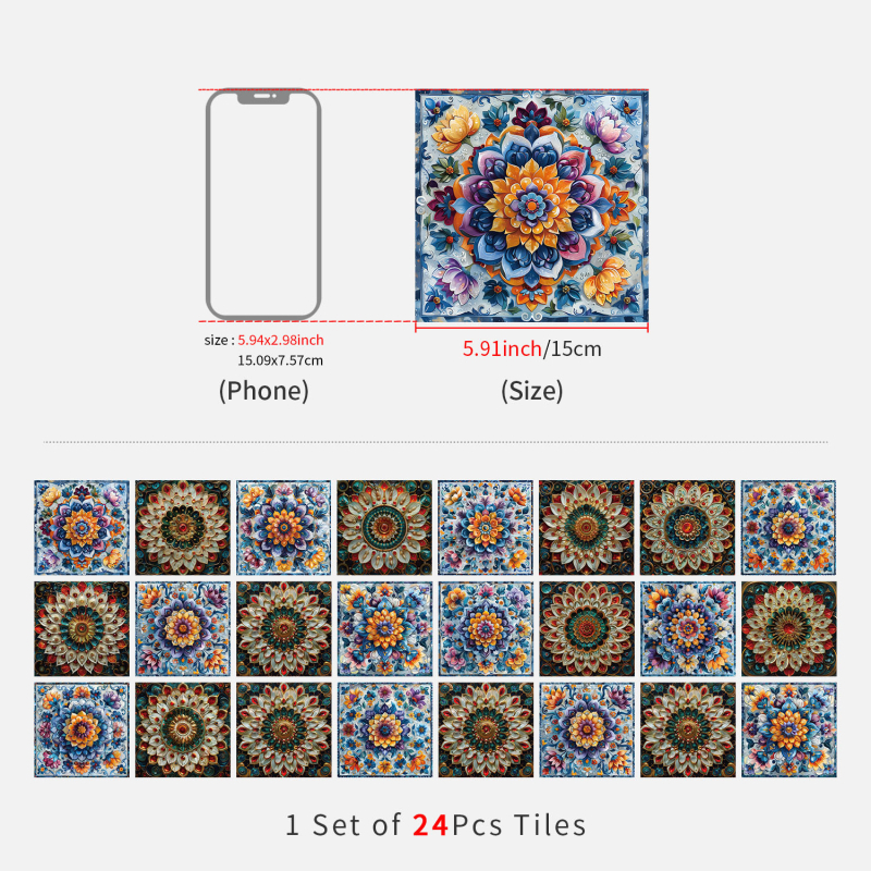 Europos gėlių plytų sienų lipdukai, 24 vnt., PVC, lipnios, atsparios vandeniui