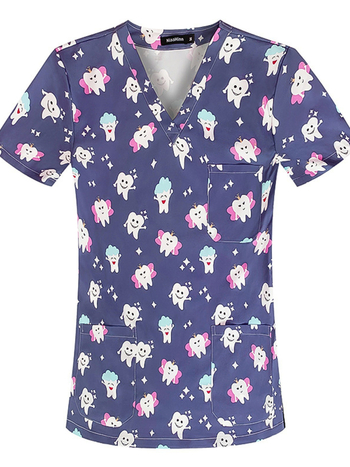 Női póló 3D virágos nyomással és zsebbel, poliészter anyag 80–90%, V-nyakú, rövid ujjú