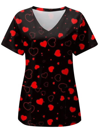 Женска тениска с 3D флорален принт и джоб, полиестерна тъкан 80–90%, V-образно деколте, къс ръкав