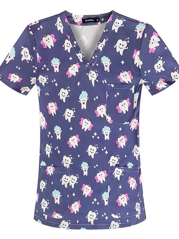 Női póló 3D virágos nyomással és zsebbel, poliészter anyag 80–90%, V-nyakú, rövid ujjú