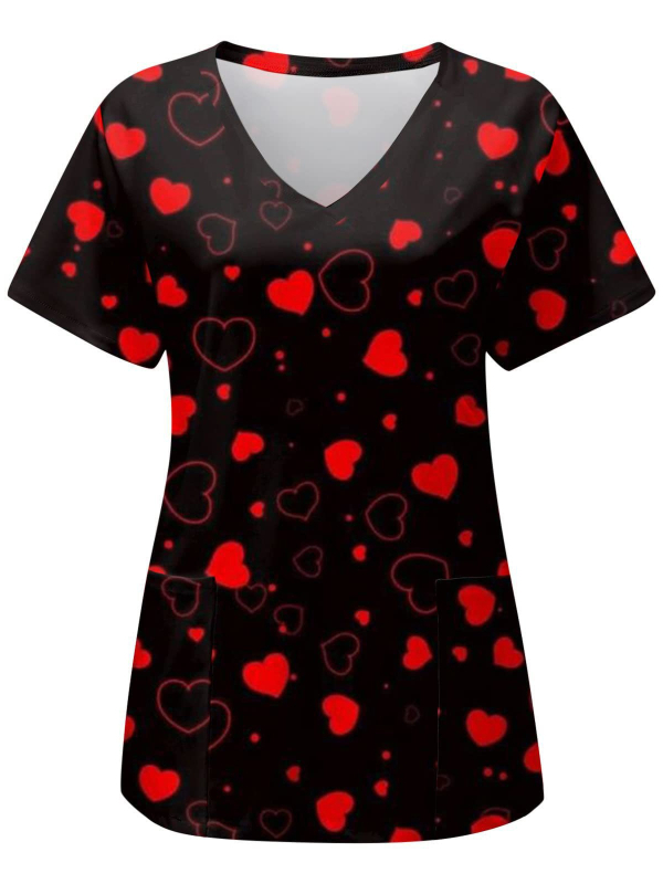 Női póló 3D virágos nyomással és zsebbel, poliészter anyag 80–90%, V-nyakú, rövid ujjú