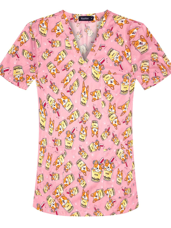 Női póló 3D virágos nyomással és zsebbel, poliészter anyag 80–90%, V-nyakú, rövid ujjú