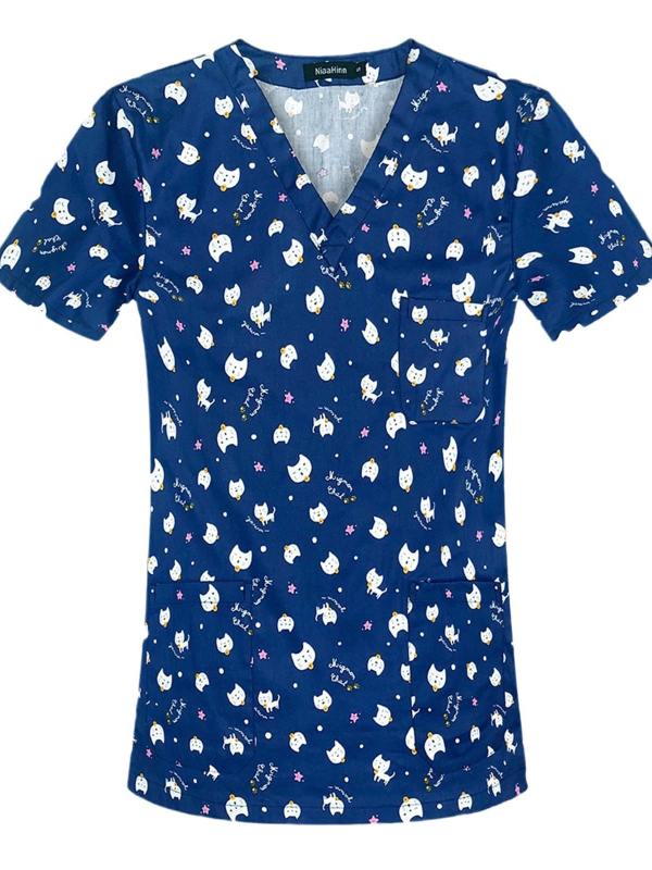 Női póló 3D virágos nyomással és zsebbel, poliészter anyag 80–90%, V-nyakú, rövid ujjú