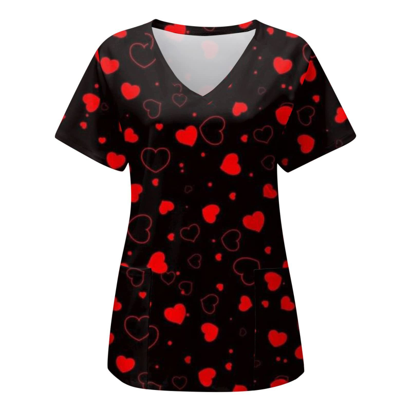 Női póló 3D virágos nyomással és zsebbel, poliészter anyag 80–90%, V-nyakú, rövid ujjú