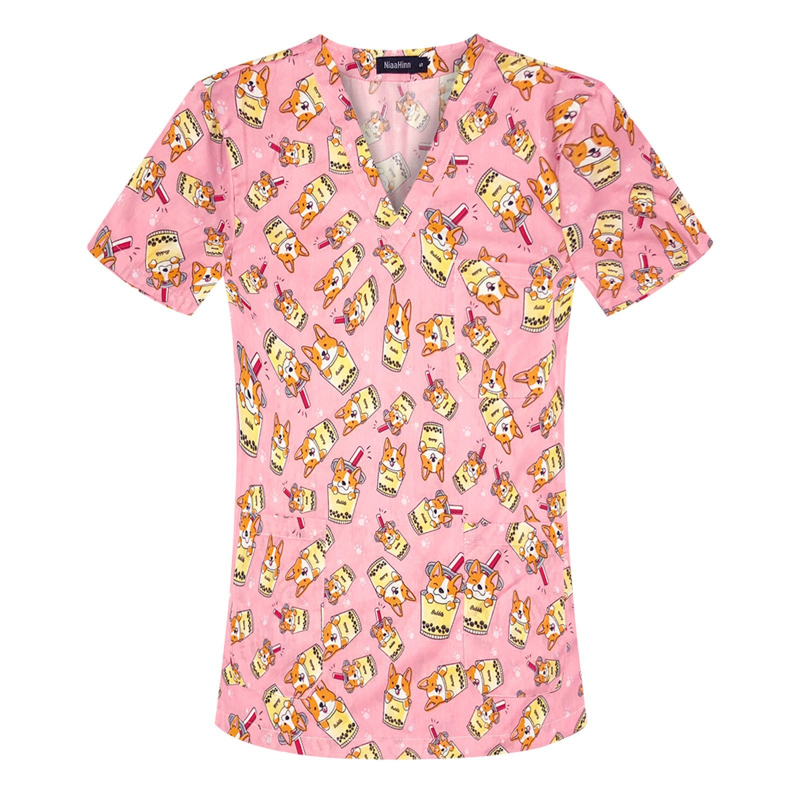 Női póló 3D virágos nyomással és zsebbel, poliészter anyag 80–90%, V-nyakú, rövid ujjú