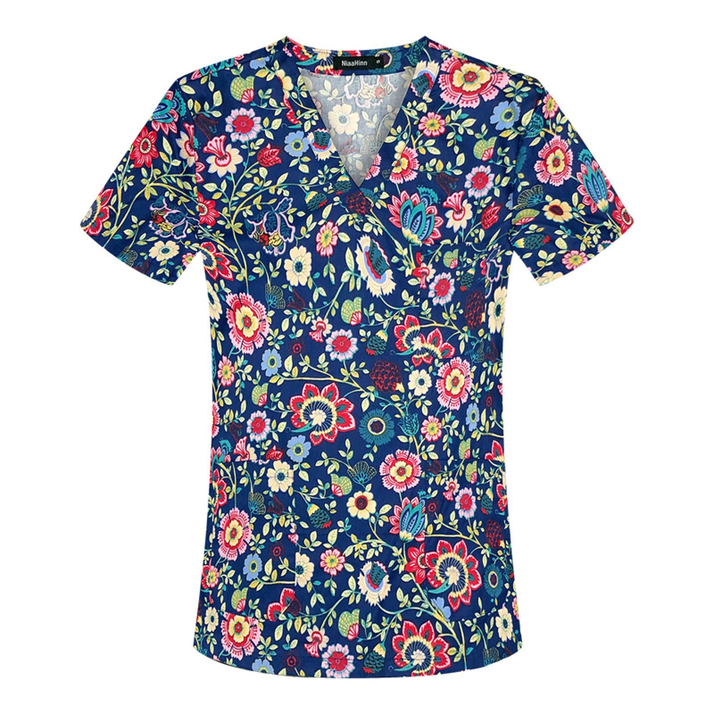 Női póló 3D virágos nyomással és zsebbel, poliészter anyag 80–90%, V-nyakú, rövid ujjú