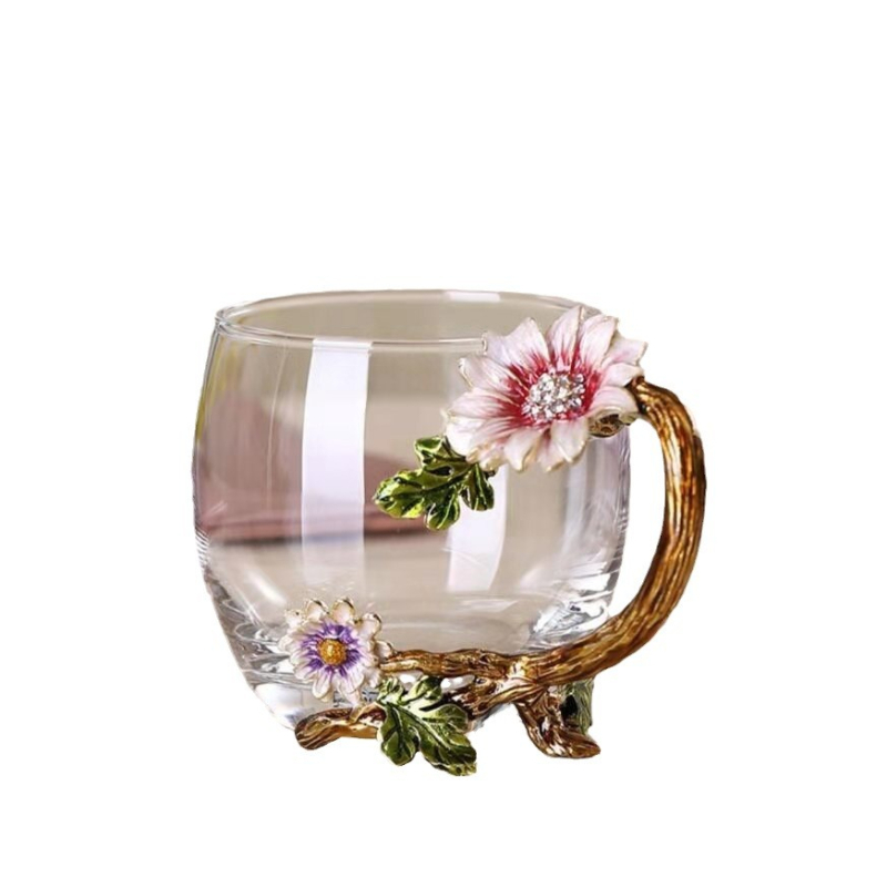 Arbatos puodelis su rankenėle, atsparus karščiui stiklas, rankų dažytas ir elektroplatuotas, dovanos dėžutė