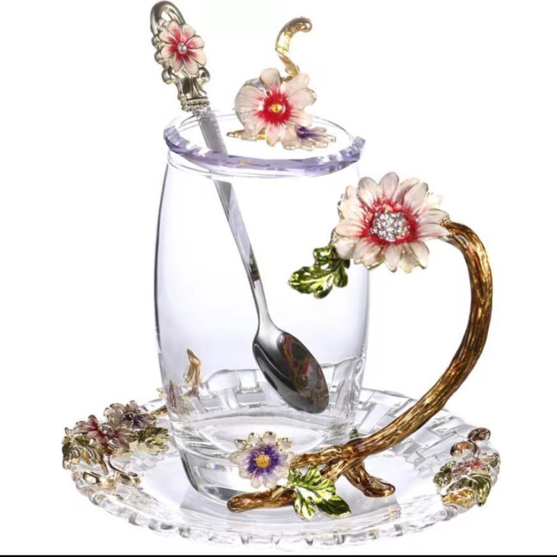 Arbatos puodelis su rankenėle, atsparus karščiui stiklas, rankų dažytas ir elektroplatuotas, dovanos dėžutė