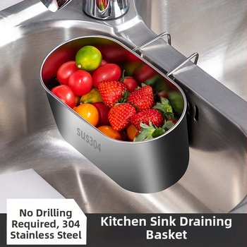 Nerūdijančio plieno nuotekų krepšelis su kabliuku – šiuolaikinis virtuvės organizatorius likučiams, daržovėms ir vaisiams