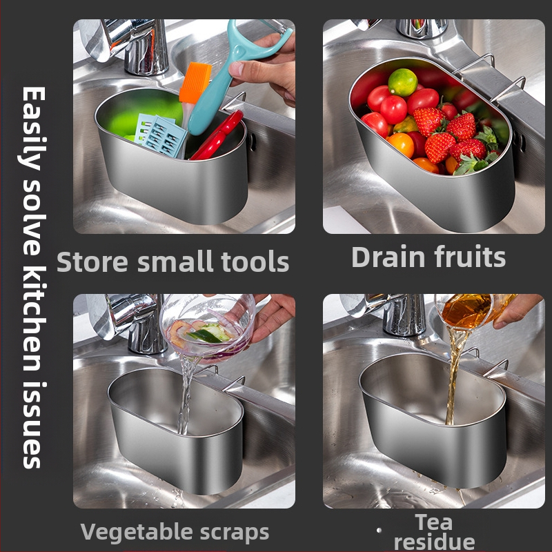 Nerūdijančio plieno nuotekų krepšelis su kabliuku – šiuolaikinis virtuvės organizatorius likučiams, daržovėms ir vaisiams