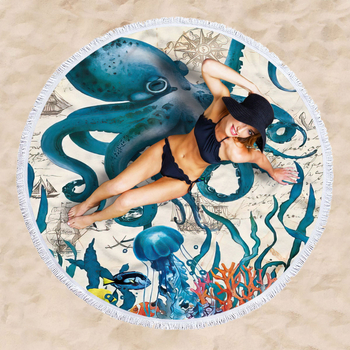 Кръгла плажна кърпа с принт костенурка, 3D дигитален принт, мултифункционален шал и подложка за хранене — фина микрофибър, 150D, плоско тъкане, тегло ≤100 g