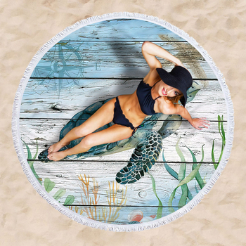 Кръгла плажна кърпа с принт костенурка, 3D дигитален принт, мултифункционален шал и подложка за хранене — фина микрофибър, 150D, плоско тъкане, тегло ≤100 g