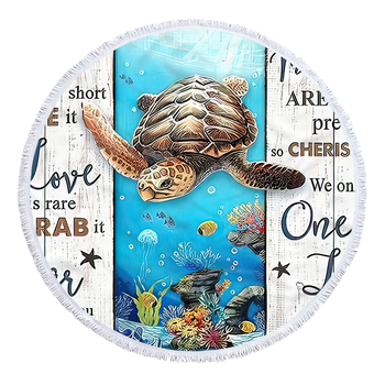 Кръгла плажна кърпа с принт костенурка, 3D дигитален принт, мултифункционален шал и подложка за хранене — фина микрофибър, 150D, плоско тъкане, тегло ≤100 g
