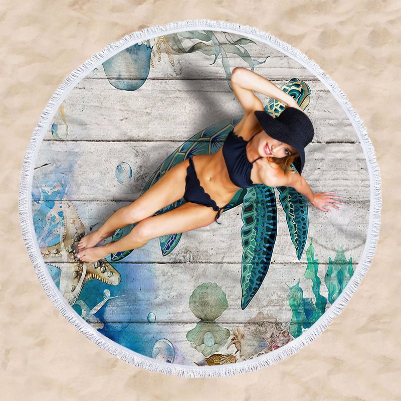 Apaļš pludmales dvielis ar bruņurupjas rakstu, 3D digitālā druka, daudzfunkcionāls šalle un galda paliktnis — smalkas mikrošķiedras, 150D, vienkāršs pītums, svars ≤100 g