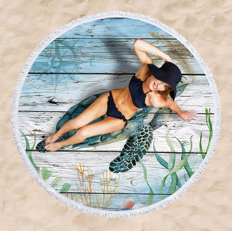 Apaļš pludmales dvielis ar bruņurupjas rakstu, 3D digitālā druka, daudzfunkcionāls šalle un galda paliktnis — smalkas mikrošķiedras, 150D, vienkāršs pītums, svars ≤100 g