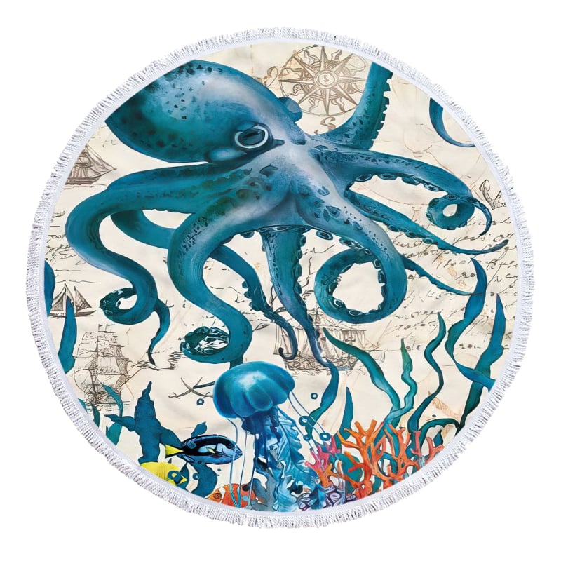 Apaļš pludmales dvielis ar bruņurupjas rakstu, 3D digitālā druka, daudzfunkcionāls šalle un galda paliktnis — smalkas mikrošķiedras, 150D, vienkāršs pītums, svars ≤100 g