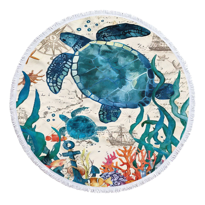 Apaļš pludmales dvielis ar bruņurupjas rakstu, 3D digitālā druka, daudzfunkcionāls šalle un galda paliktnis — smalkas mikrošķiedras, 150D, vienkāršs pītums, svars ≤100 g