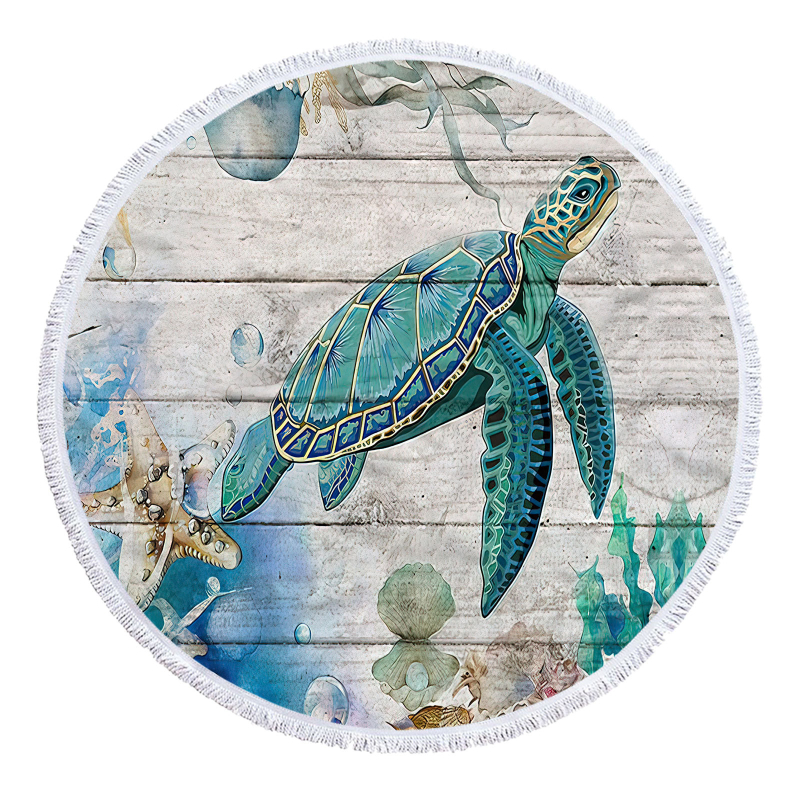 Apaļš pludmales dvielis ar bruņurupjas rakstu, 3D digitālā druka, daudzfunkcionāls šalle un galda paliktnis — smalkas mikrošķiedras, 150D, vienkāršs pītums, svars ≤100 g