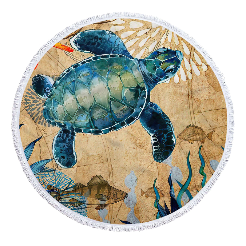 Apaļš pludmales dvielis ar bruņurupjas rakstu, 3D digitālā druka, daudzfunkcionāls šalle un galda paliktnis — smalkas mikrošķiedras, 150D, vienkāršs pītums, svars ≤100 g