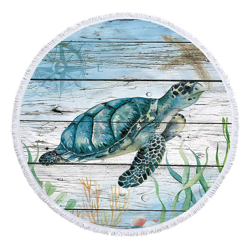 Apaļš pludmales dvielis ar bruņurupjas rakstu, 3D digitālā druka, daudzfunkcionāls šalle un galda paliktnis — smalkas mikrošķiedras, 150D, vienkāršs pītums, svars ≤100 g