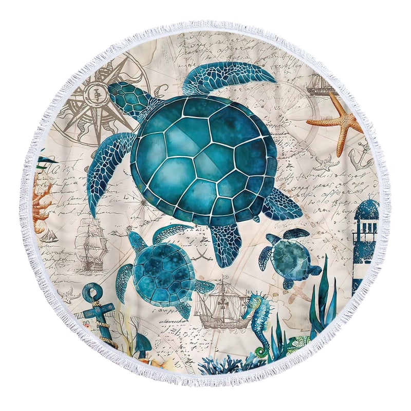 Apaļš pludmales dvielis ar bruņurupjas rakstu, 3D digitālā druka, daudzfunkcionāls šalle un galda paliktnis — smalkas mikrošķiedras, 150D, vienkāršs pītums, svars ≤100 g