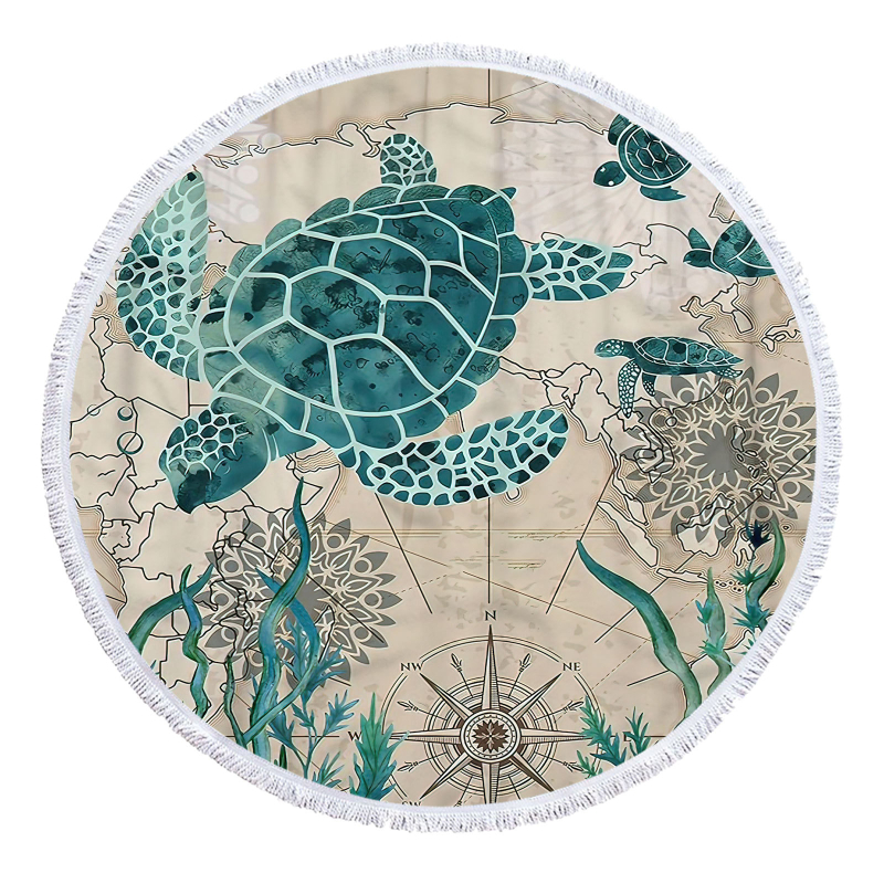 Apaļš pludmales dvielis ar bruņurupjas rakstu, 3D digitālā druka, daudzfunkcionāls šalle un galda paliktnis — smalkas mikrošķiedras, 150D, vienkāršs pītums, svars ≤100 g