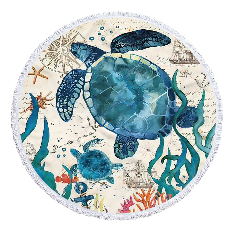 Apaļš pludmales dvielis ar bruņurupjas rakstu, 3D digitālā druka, daudzfunkcionāls šalle un galda paliktnis — smalkas mikrošķiedras, 150D, vienkāršs pītums, svars ≤100 g