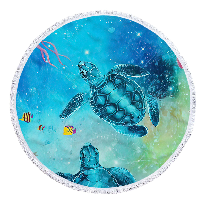 Apaļš pludmales dvielis ar bruņurupjas rakstu, 3D digitālā druka, daudzfunkcionāls šalle un galda paliktnis — smalkas mikrošķiedras, 150D, vienkāršs pītums, svars ≤100 g