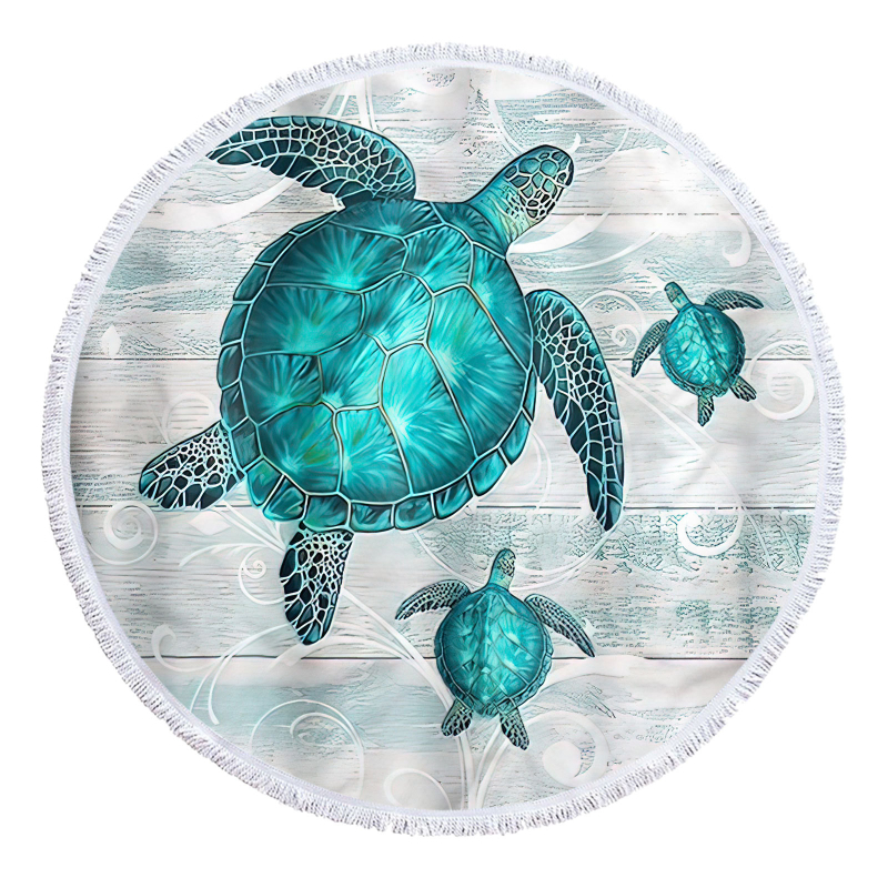 Apaļš pludmales dvielis ar bruņurupjas rakstu, 3D digitālā druka, daudzfunkcionāls šalle un galda paliktnis — smalkas mikrošķiedras, 150D, vienkāršs pītums, svars ≤100 g